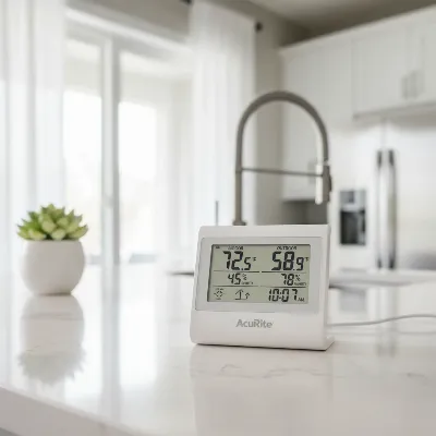 A basic AcuRite weather station display on a kitchen counter, showing indoor and outdoor temperatures.