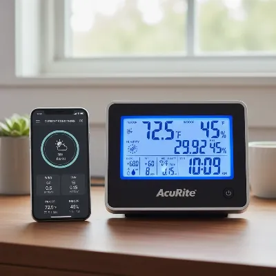 AcuRite Iris 5-in-1 indoor display console next to a smartphone showing the companion app