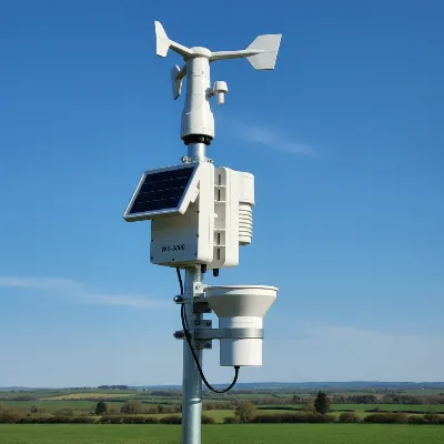 Ambient Weather WS-5000 outdoor sensor array with ultrasonic anemometer and separate rain gauge for precise weather monitoring.