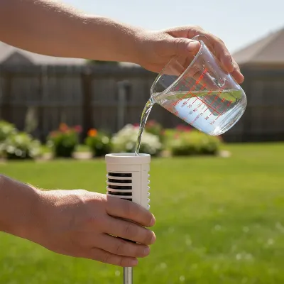 A person performing a rain gauge calibration at home, pouring water into a weather station sensor.