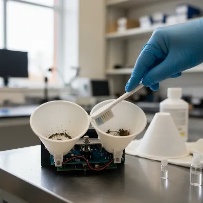 Close-up view of a weather station's rain gauge internal components being cleaned.
