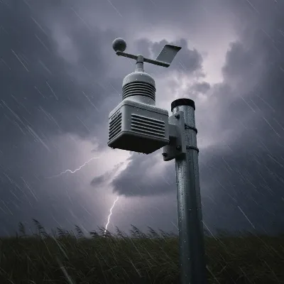 Davis Vantage Vue outdoor sensor suite resisting heavy rain during a storm, showcasing its durability