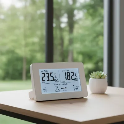 A basic home weather station displaying temperature, humidity, and a simple forecast icon, placed on a table in a home setting.