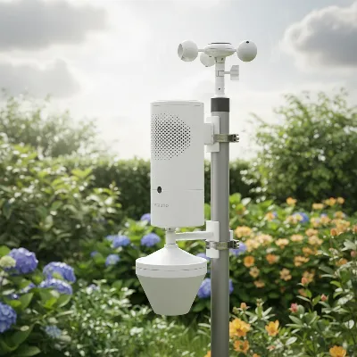Netatmo Smart Home Weather Station outdoor modules in a garden setting, showing durability