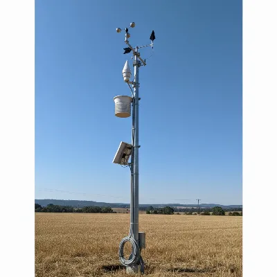 A high-tech professional weather station sensor array mounted on a pole outdoors.