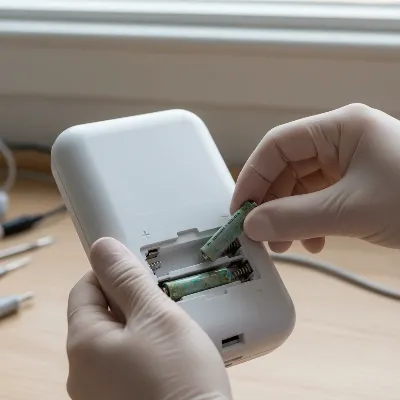 Technician carefully removing old batteries from a weather station console, showing proper orientation and battery compartment.