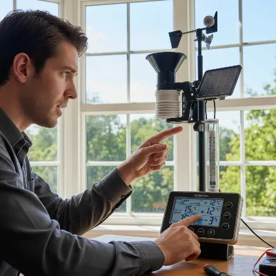 A person performing calibration on a home weather station, adjusting settings on the console while comparing with a reference thermometer placed next to the outdoor sensor.