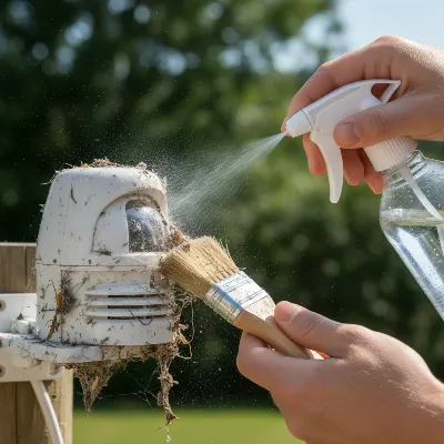 A close-up of a person cleaning a weather station sensor covered in dust and leaves with a soft brush and water, demonstrating careful maintenance.