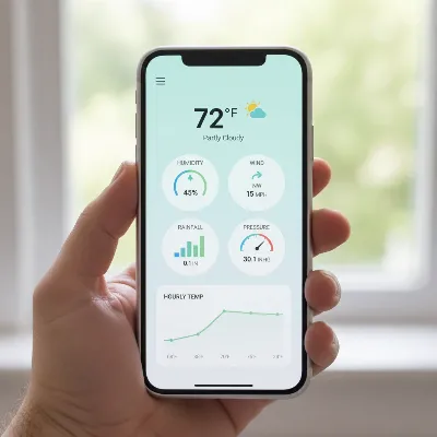 A smartphone displaying a detailed weather station app dashboard with various real-time weather metrics and graphs.