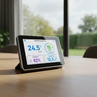 A clear, modern display console of a weather station showing real-time data for temperature, wind, humidity, and rainfall in a living room setting.