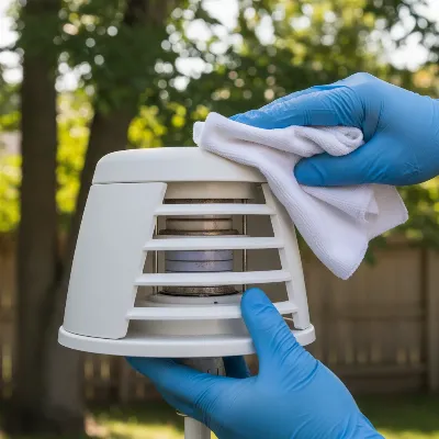 A person carefully cleaning the sensors of an outdoor weather station with a soft cloth.