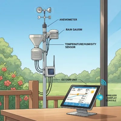 An overview of a modern home weather station with sensors and a display unit