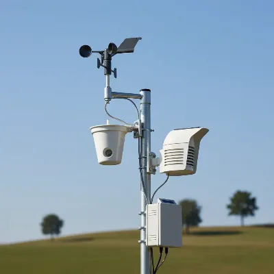 A detailed outdoor sensor suite of a WiFi weather station, measuring wind, rain, temperature, and humidity.