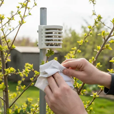 Cleaning outdoor weather station sensors and clearing debris in spring