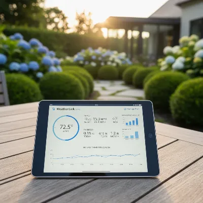 WeatherLink Live data dashboard on a modern tablet showing real-time weather data from a Davis Vantage Pro2
